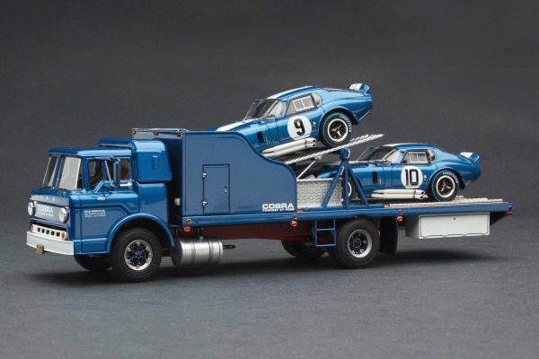 Exoto Cobra Flatbed Transporter Gift Set | 1965 Shelby | To LAX en route to Le Mans with Cobra Daytona Coupe | Guardsman Blue