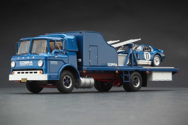 Exoto Cobra Flatbed Transporter Gift Set II | 1965 Shelby | To LAX en route to Le Mans with Cobra Daytona Coupe | Guardsman Blue